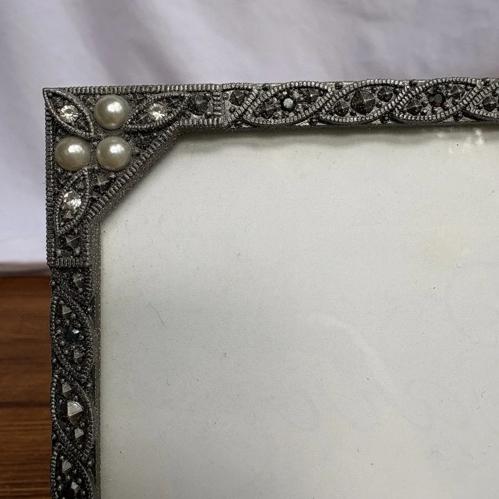 Carr Silver Tone Marcasite & Faux Pearl Picture Frame 4x6 Photo Frame